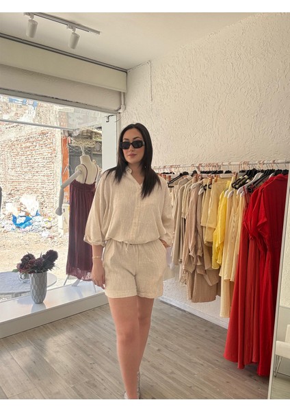 Keten Görünümlü Gömlek Şort Takım modelleri