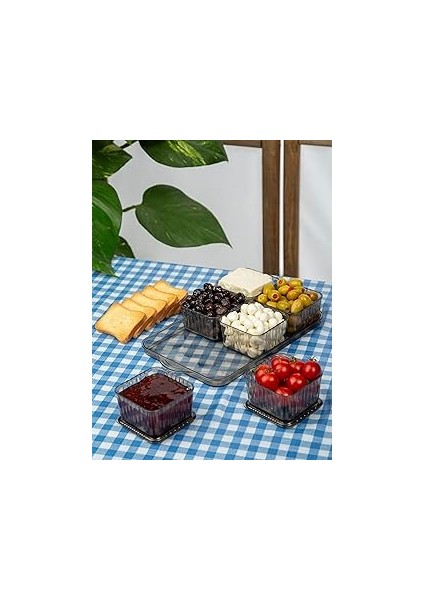 Hubsan Antrasit Tepsili Lüx 6 Bölmeli 13 Parça Kahvaltılık Seti Kapaklı Tepsili Akrilik Kahvaltı Su