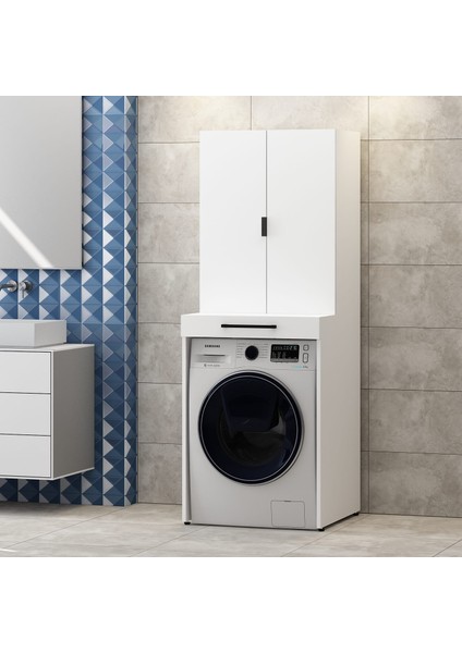 Beyaz Düz Kapaklı Eny Çamaşır Makina Dolabı