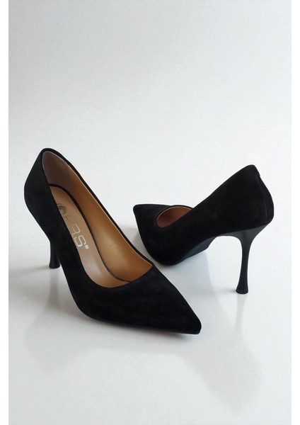 Hakiki Süet Deri Siyah Kadın Stiletto – 9 cm Ince Topuk Şık Sivri Burun Topuklu Ayakkabı