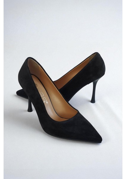 Hakiki Süet Deri Siyah Kadın Stiletto – 9 cm Ince Topuk Şık Sivri Burun Topuklu Ayakkabı