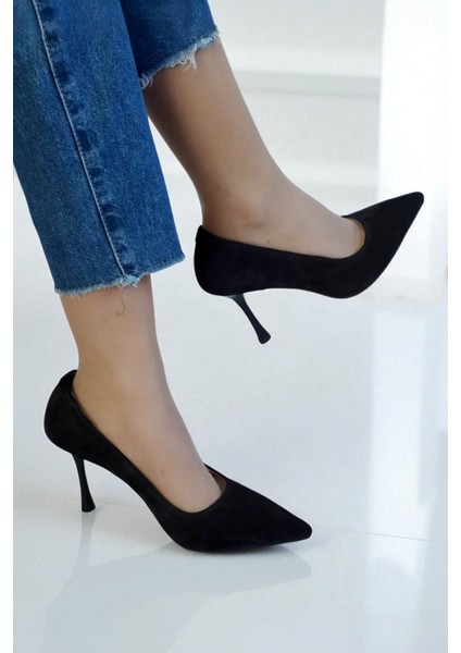 Hakiki Süet Deri Siyah Kadın Stiletto – 9 cm Ince Topuk Şık Sivri Burun Topuklu Ayakkabı