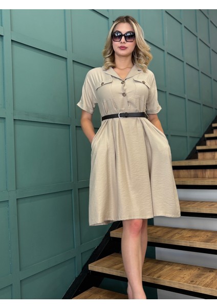 Kadın Kemerli,cepli, Önden Düğmeli ,gömlek Elbise