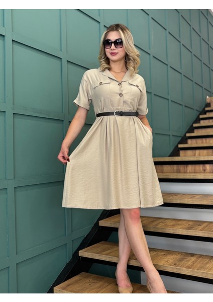 Kadın Kemerli,cepli, Önden Düğmeli ,gömlek Elbise fiyatları