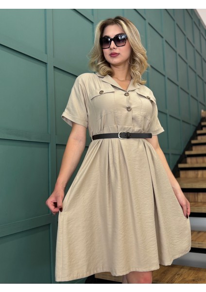 Kadın Kemerli,cepli, Önden Düğmeli ,gömlek Elbise fırsatları