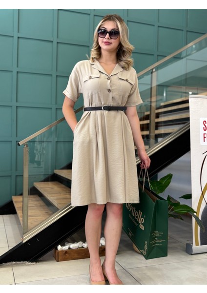 Kadın Kemerli,cepli, Önden Düğmeli ,gömlek Elbise