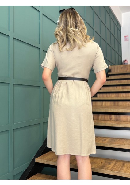 Kadın Kemerli,cepli, Önden Düğmeli ,gömlek Elbise