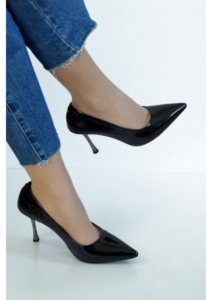 Hakiki Rugan Deri Siyah Kadın Stiletto – 9 cm Metal Ince Topuk Şık Sivri Burun Topuklu Ayakkabı indirimleri