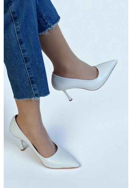 Hakiki Deri Beyaz Kadın Stiletto – 9 cm Ince Topuk Şık Sivri Burun Topuklu Ayakkabı indirimleri