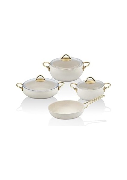Luna 7 Parça Granit Tencere Seti Krem Gold Saplı