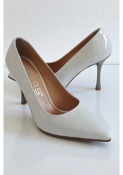 Hakiki Rugan Deri Beyaz Kadın Stiletto – 9 cm Metal Ince Topuk Şık Sivri Burun Topuklu Ayakkabı
