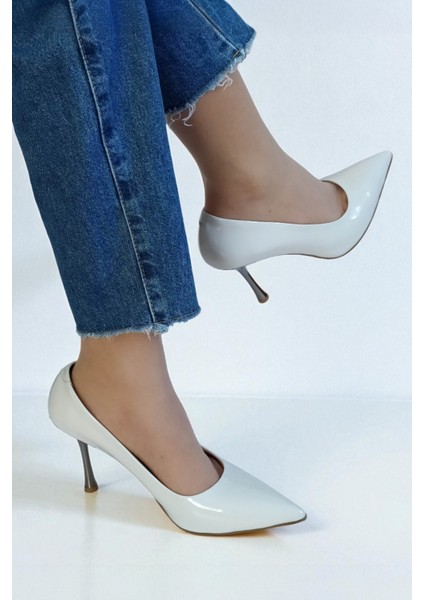 Hakiki Rugan Deri Beyaz Kadın Stiletto – 9 cm Metal Ince Topuk Şık Sivri Burun Topuklu Ayakkabı indirimleri