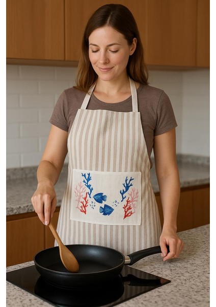 Cepli Çizgili Mutfak Önlüğü Bej Balık ve Mercan Desenli