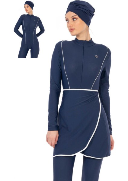 Lacivert Tam Kapalı Tesettür Mayo – Bone Dahil, Fermuarlı C5T0N06