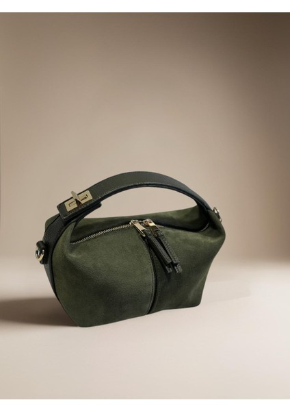 %100 Hakiki Süet Deri Fermuarlı Kapama ve Uzun Askı Detaylı Kadın El ve Omuz Çantası