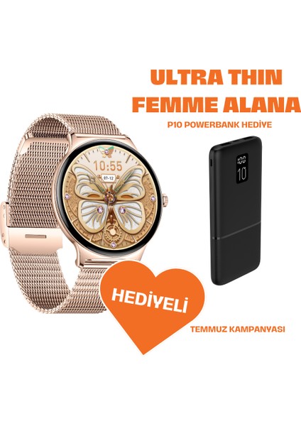 Powerbank Ultra Thin Femme Akıllı Saat Yuvarlak Çelik Kasa Metal Kordon Gold
