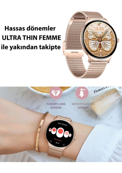 Powerbank Ultra Thin Femme Akıllı Saat Yuvarlak Çelik Kasa Metal Kordon Gold