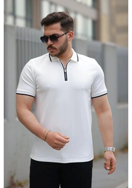 Erkek Fermuar Yakalı Çizgi Detaylı Kısa Kollu Tişört