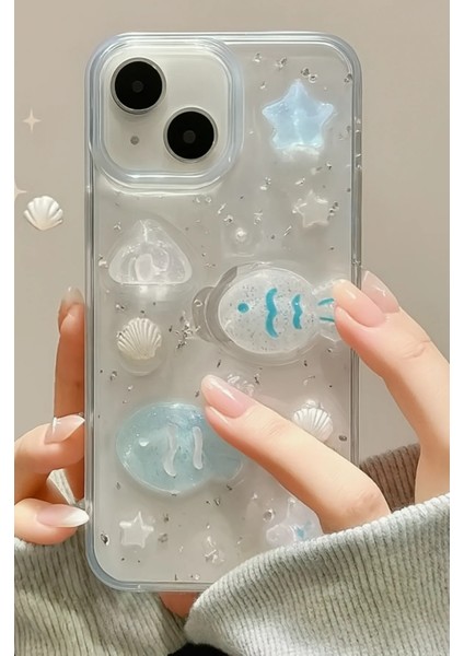 Apple iPhone 13 - 14 - 15 Kılıf Simli Mavi Balık ve Deniz Kabuğu Desenli Tasarımlı Silikon Kapak