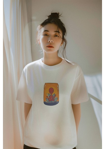 Zuno Kadın Comfort Fit Meditasyon Uzaylı Baskılı T-Shirt