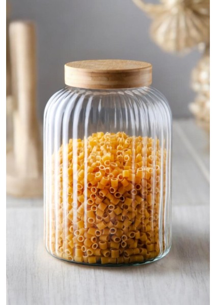 Bambu Kapaklı Cam Çizgili Erzak Kavanozu 3700 ml