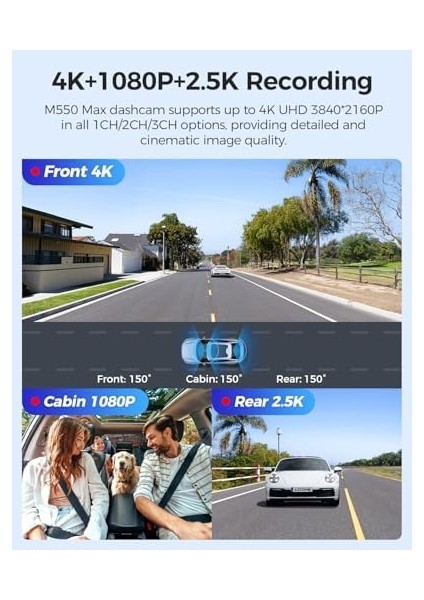 M550 Max 4K Araç Kamerası - Üç Kameralı (Ön, Arka ve Iç), Wifi, S, G Sensör & Gece Görüş Siyah (Azdome Türkiye Garantili) fiyatları