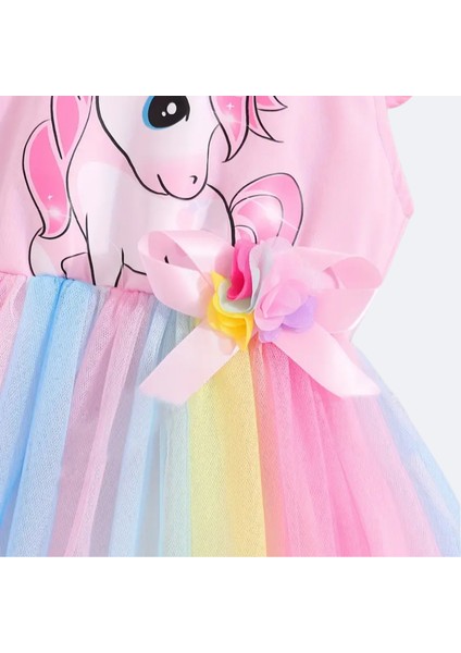 Kızlar Için Yazlık Unicorn Baskılı Tül Etekli Elbise Pembe S0024-25-26 fiyatları