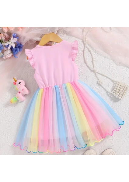 Kızlar Için Yazlık Unicorn Baskılı Tül Etekli Elbise Pembe S0024-25-26 modelleri