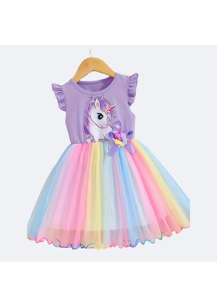 Kızlar Için Yazlık Unicorn Baskılı Tül Etekli Elbise Pembe S0024-25-26