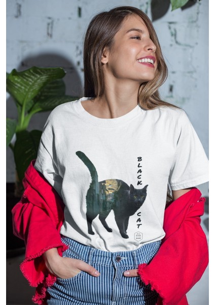 Zuno Kadın Comfort Fit Black Cat Baskılı T-Shirt