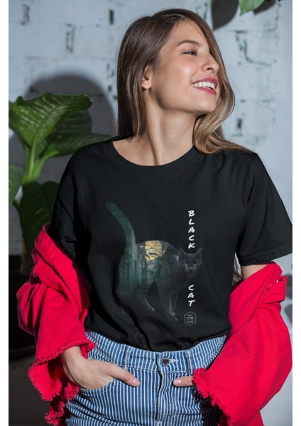 Zuno Kadın Comfort Fit Black Cat Baskılı T-Shirt
