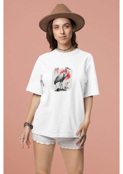 Zuno Kadın Comfort Fit Kırmızı Ay Kuş Baskılı T-Shirt