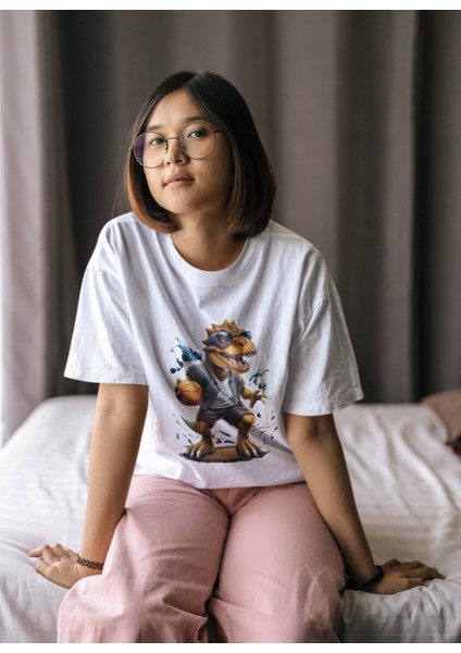 Zuno Kadın Comfort Fit Sevimli Dino Baskılı T-Shirt