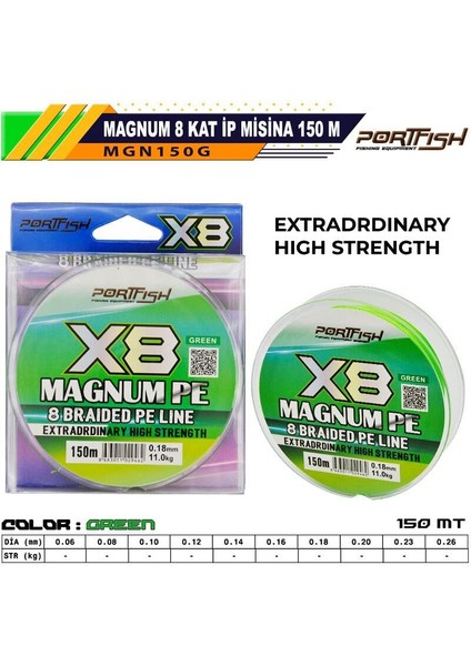 Portfish Magnum 8 Kat Ip Misina 150 mt Yeşil