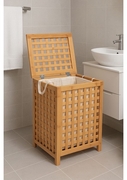 Doğal Bambu Kapaklı Çamaşır Sepeti 45 cm x 62 cm