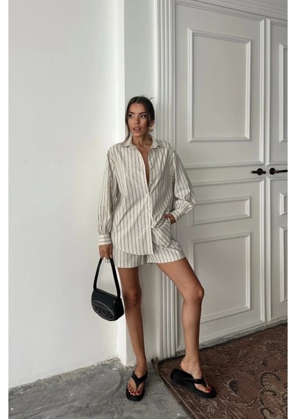 Poplin Çizgili Gömlek - Şort Takım - Bej fiyatları