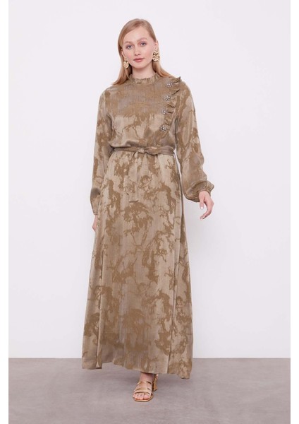 Haki Fırfır Detaylı Cupra Elbise