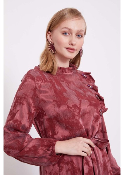 Bordo Fırfır Detaylı Cupra Elbise fırsatları