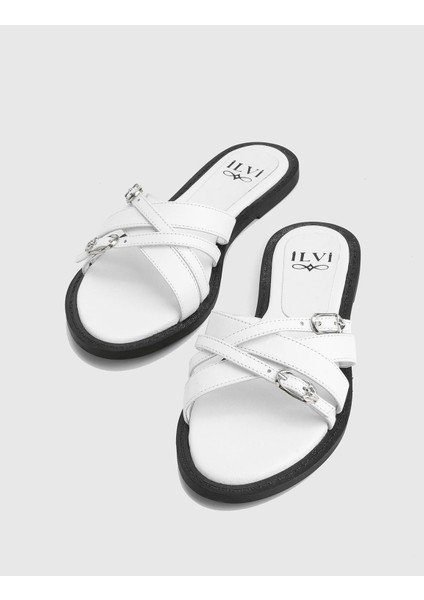 Dothan Hakiki Deri Beyaz Kadın Terlik