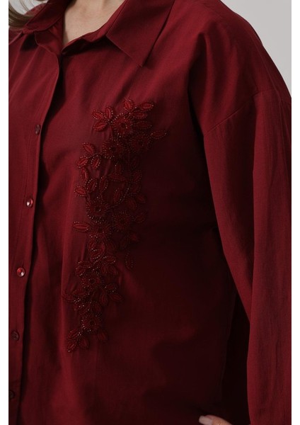Boncuk Nakış Detaylı Uzun Gömlek - Bordo fırsatları