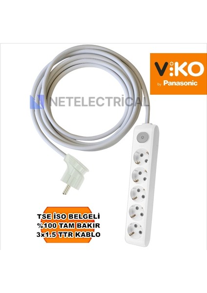Multi-Let | Beşli 16 Metre Anahtarlı Topraklı Yan Fişli Çocuk Korumalı Grup Priz - 5'li, 16 M, 3x1.5 Ttr (Tam Bakır) Kablolu