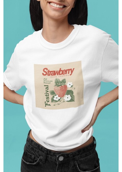 Zuno Kadın Comfort Fit Strawberry Baskılı T-Shirt