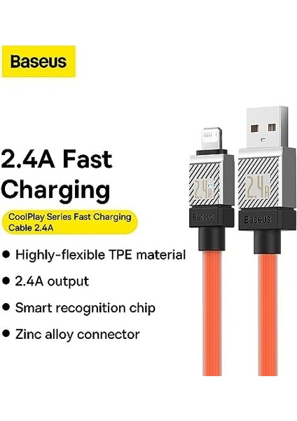 Coolplay Serisi Hızlı Şarj Kablosu USB To Ip 2.4A, 1m, Turuncu