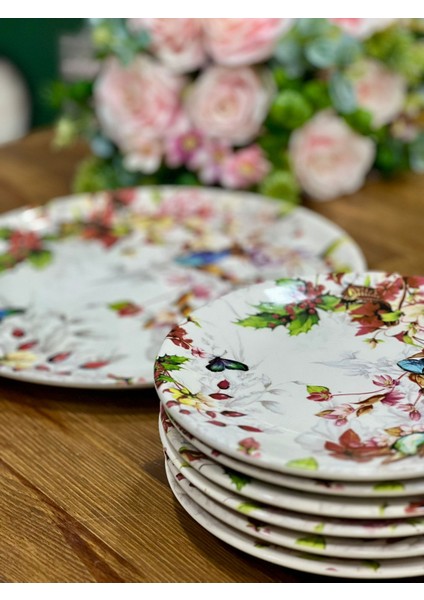 Dijital Baskı Pembe Çiçekli 7 Parça Pasta Seti (pasta tabağı 20 cm- servis tabağı 30 cm)