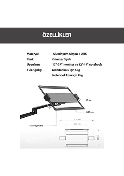 STD7090S 10"-27" Notebook Stand ve Amortisörsüz Vesa Monitör Tutucu Kol Gümüş