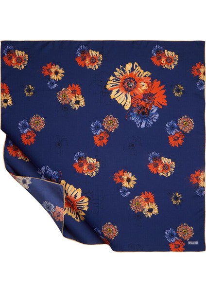 Lacivert Tek Çiçek Tivil Ipek Eşarp