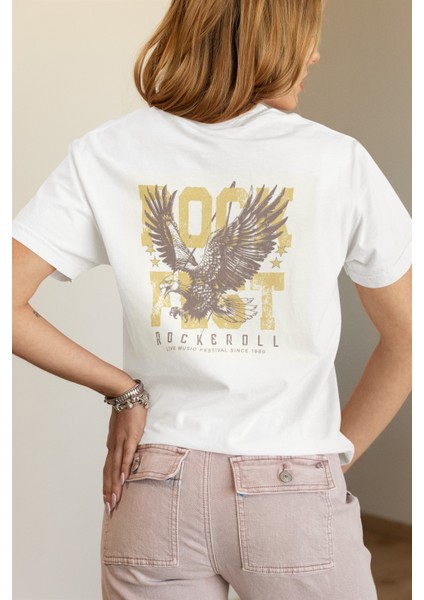 Zuno Kadın Comfort Fit Rockeroll Baskılı T-Shirt