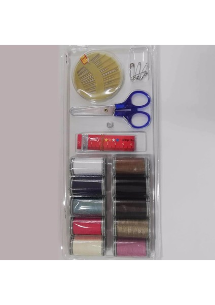 Temel Dikiş Seti, 10 Renkli Iplik Makarası, Makas, Iğne ve Mezura Içeren Mini Set