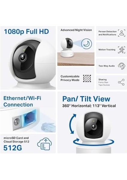 Tapo C202, 1080P Full Hd, Hareket Tespit ve Takibi, 360°, 9m Gece Görüşü, Çift Yönlü Ses, Alarm, Bulut/yerel Depolama, Bebek Ağlaması Tespiti, Iç Mekan Ethernet/wi-Fi Güvenlik Kamerası