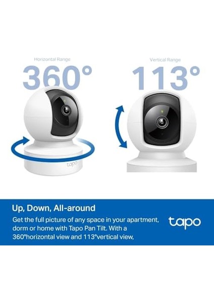Tapo C202, 1080P Full Hd, Hareket Tespit ve Takibi, 360°, 9m Gece Görüşü, Çift Yönlü Ses, Alarm, Bulut/yerel Depolama, Bebek Ağlaması Tespiti, Iç Mekan Ethernet/wi-Fi Güvenlik Kamerası